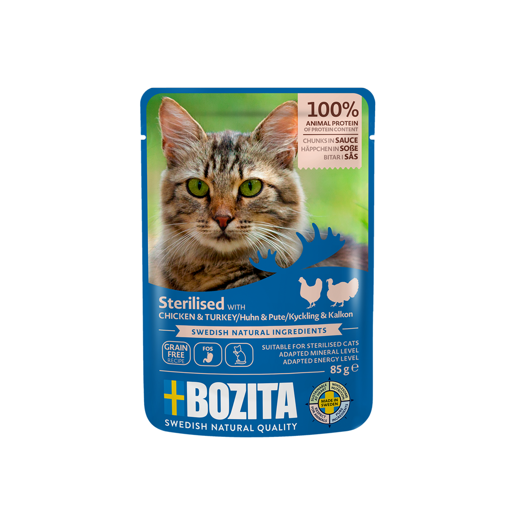 BOZITA Indoor & Sterilised kana ja kalkuni tükid kastmes 12x85g