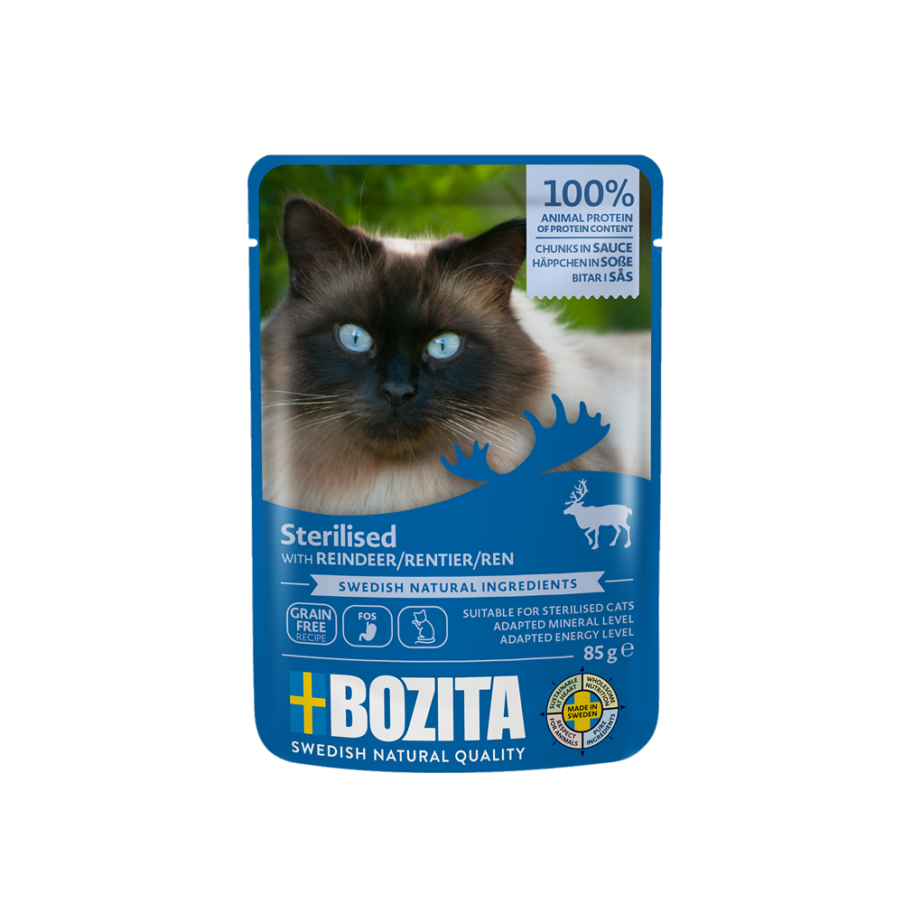 Bozita Indoor & Sterilised kassitoit põhjapõdra tükid kastmes 12x85g