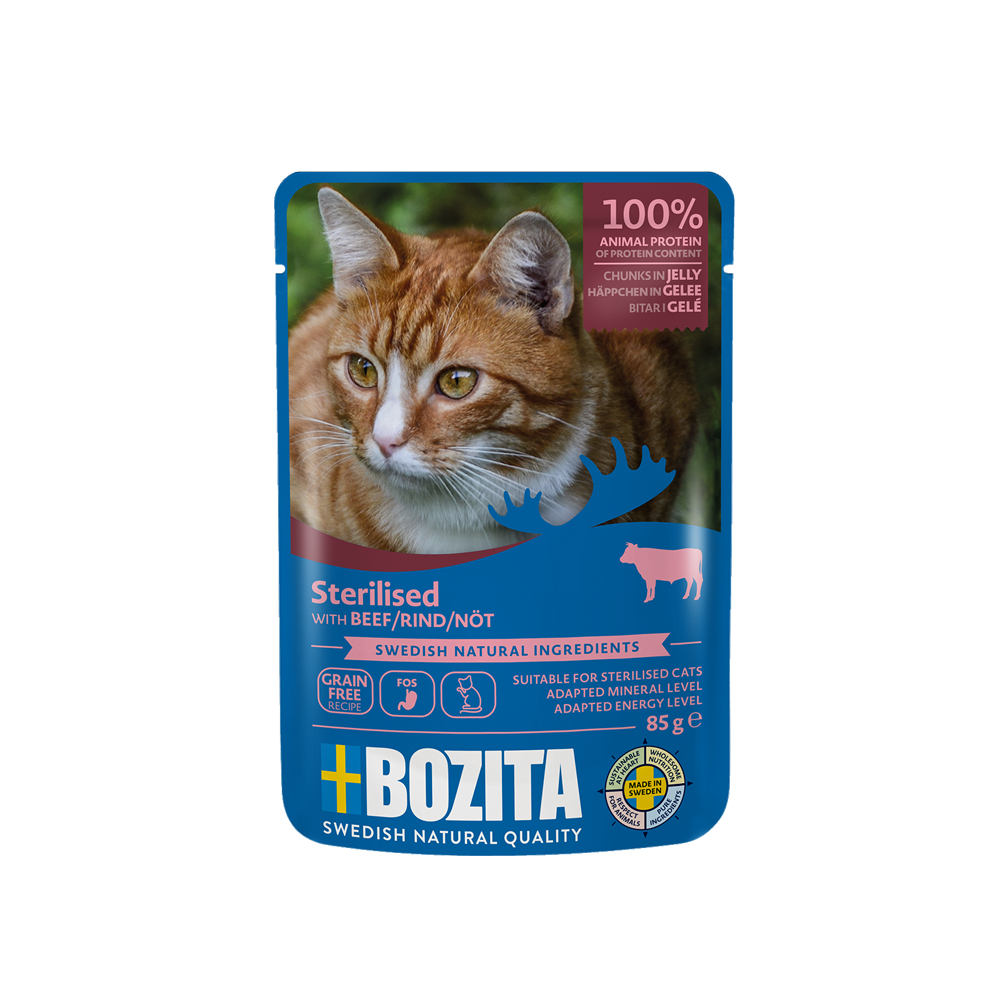 Bozita kassitoit Indoor & Sterilised veiseliha tükid želees 12x85g
