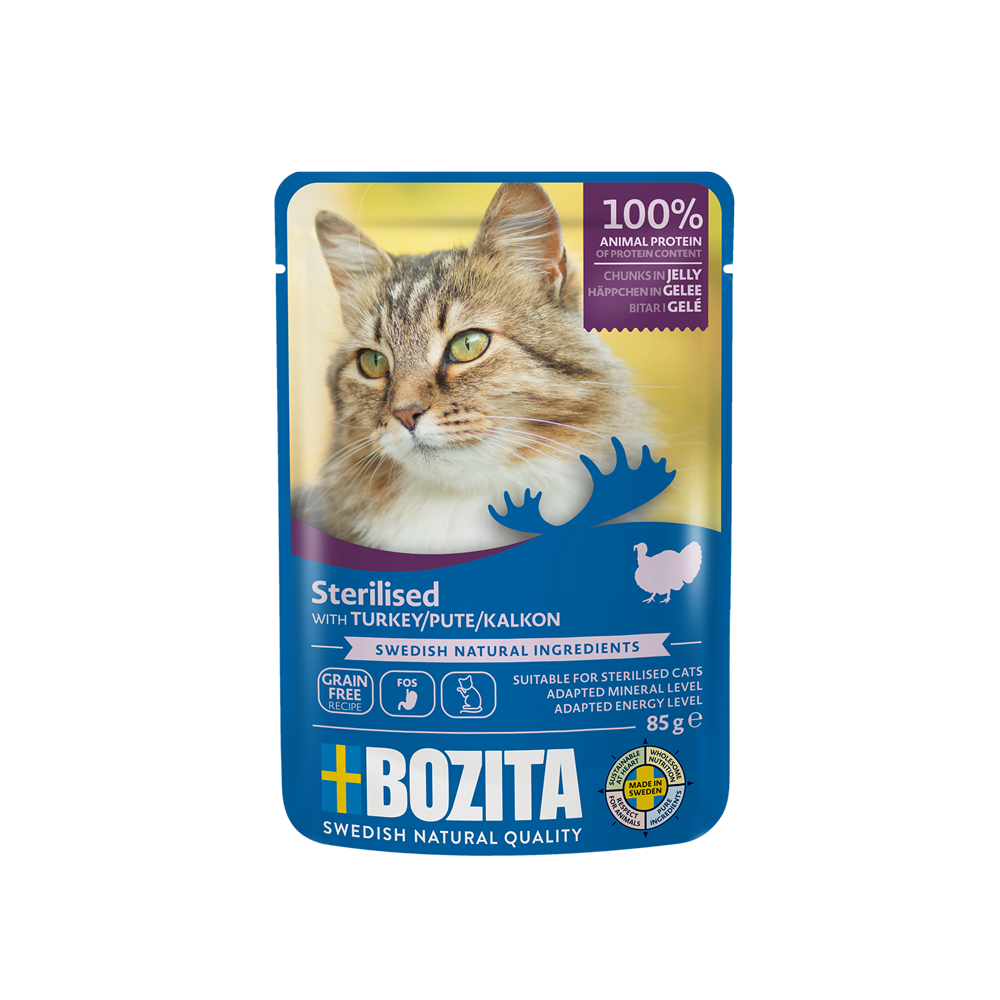 Bozita kassitoit Indoor & Sterilised kalkuni tükid želees 12x85g