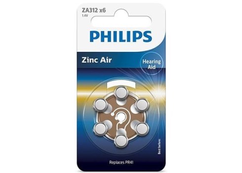 Patarei Philips ZA312 1.4 V 6 tk Zinc Air PR41