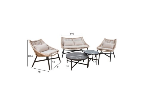 Aiamööblikomplekt HELSINKI diivan, 2 tooli ja 2 lauda, beež