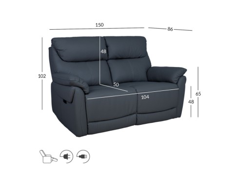 Diivan BOWEN 2-kohaline elektriline recliner, tumehall naturaalne nahk