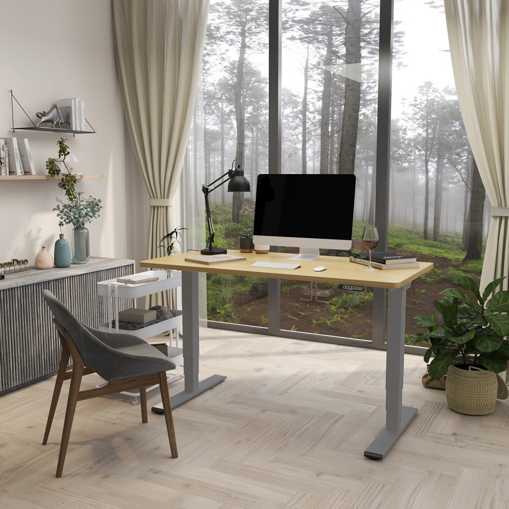 Töölaud ERGO OPTIMAL 2-mootoriga 140x70xH62-127cm, hikkoripuu/hõbehall