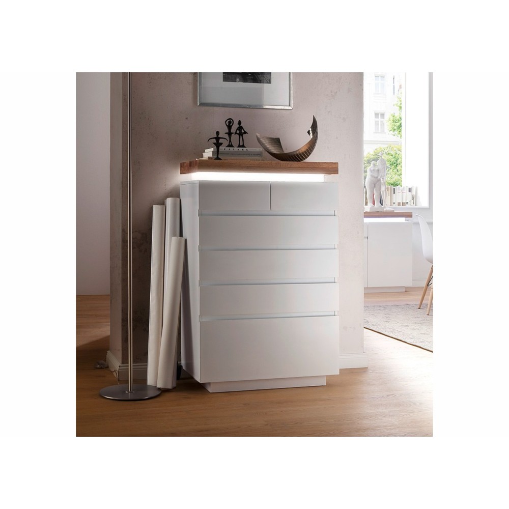 Kummut ROMINA valge / tamm, 73x40xH114 cm, LED, mööbel, elutoamööbel