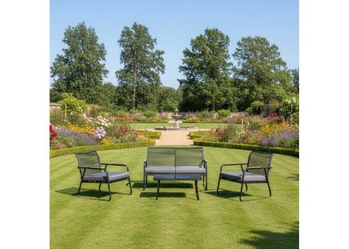 Aiamööblikomplekt MACOS laud, diivan ja 2 tooli, hall-must