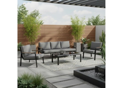 Aiamööblikomplekt LONA laud, diivan ja 2 tooli, hall-must