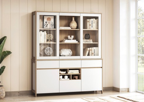 Puhvetkapp STRANDA valge / tamm, mööbel, elutoamööbel, vitriinkapid