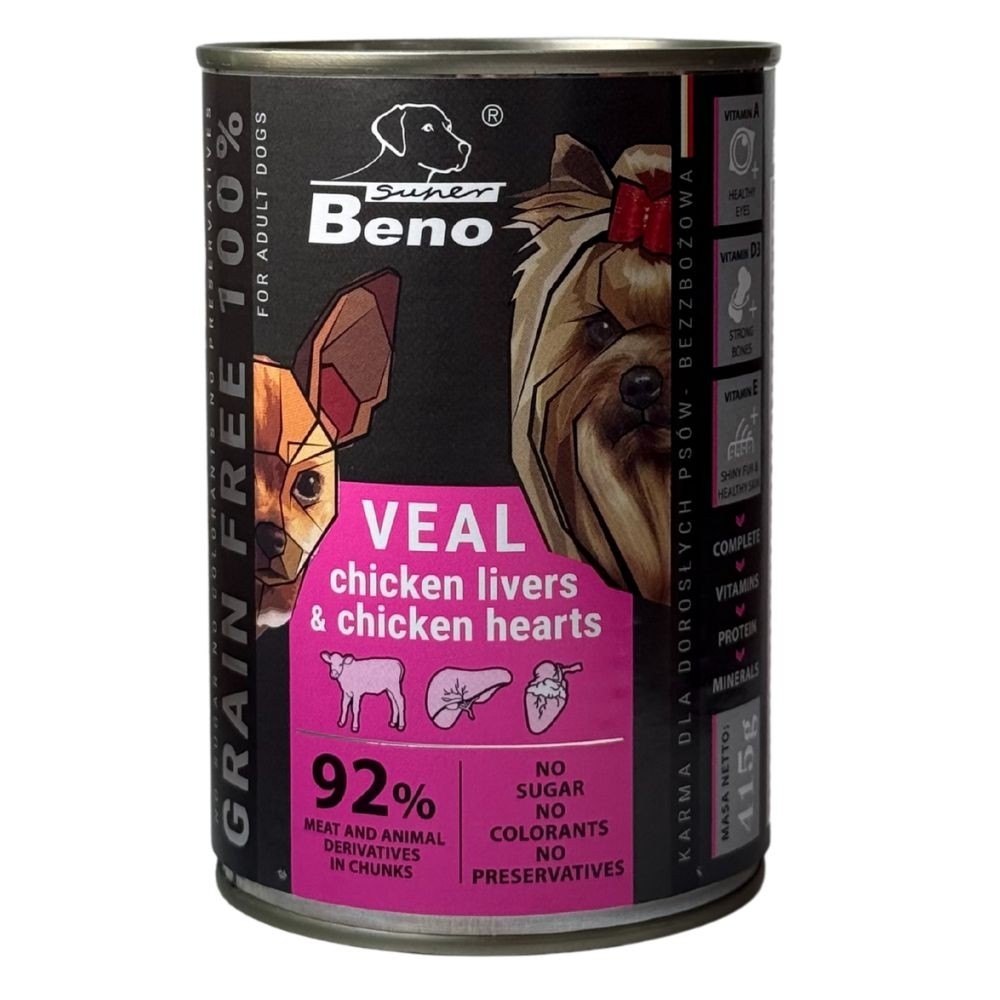 Super Beno konserv koerale veise, kodulinnu maksa ja südamega, tükid kastmes 10x415g