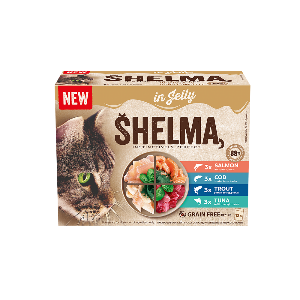 Shelma kassieined kalaga zelees 12x85g lõhe,forell,tursk,tuunikala