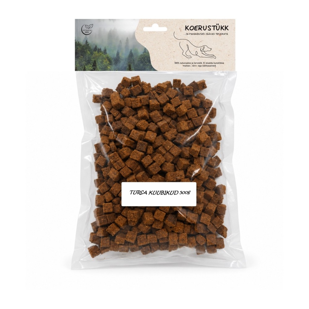 Koerustükk kuivatatud tursa kuubikud koerale 500g