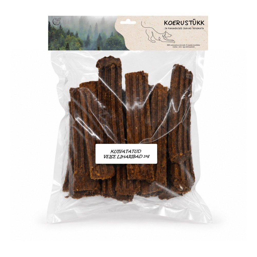 Koerustükk kuivatatud veise liharibad koerale 1kg