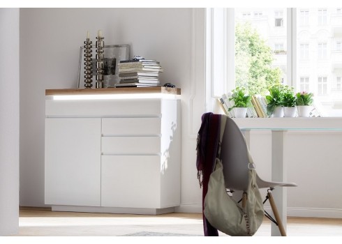 Kummut ROMINA valge / tamm, 120x40xH114 cm, LED